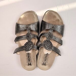 Mephisto Silver Metallic Three-Strap Slide Sandals